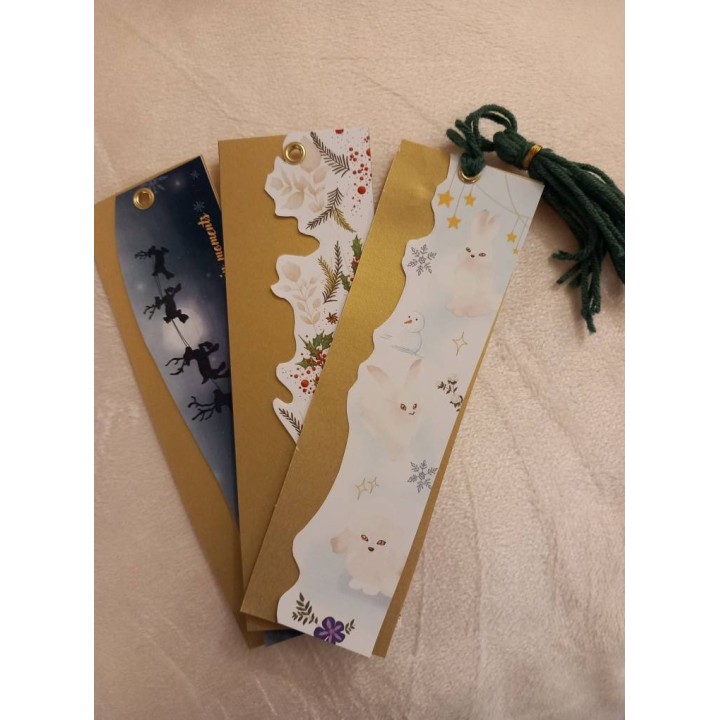 Lot de 3 marque-pages hiver faits main – Yule, Lapins, Noël – Équinoxe Studio